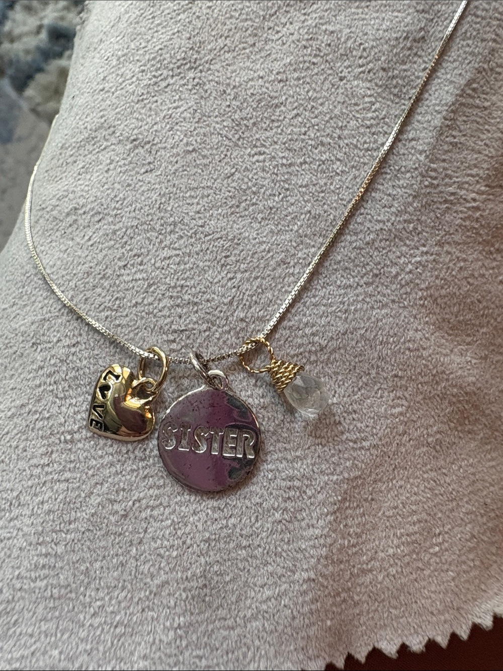 Sister Charm Necklace with silver Accent and Clear Crystal